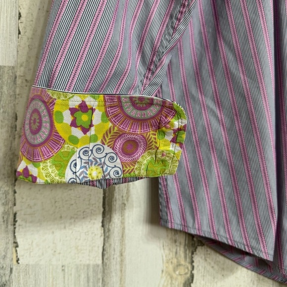 Robert Graham Button Down Floral Flip Cuff Shirt Grey Pink Stripes Size L - Picture 5 of 10